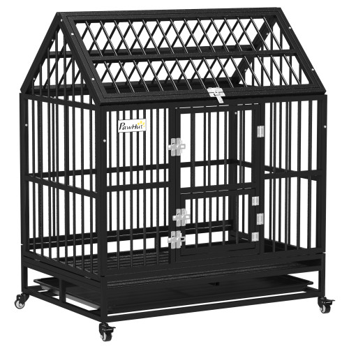 43" Heavy Duty Dog Crate on Wheels w/ Removable Tray and Logs, for L, XL Dogs