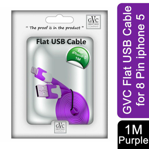 GVC 1 Metre Tangle Free Flat USB to 8 Pin Cable for Syncing & Charging, Purple