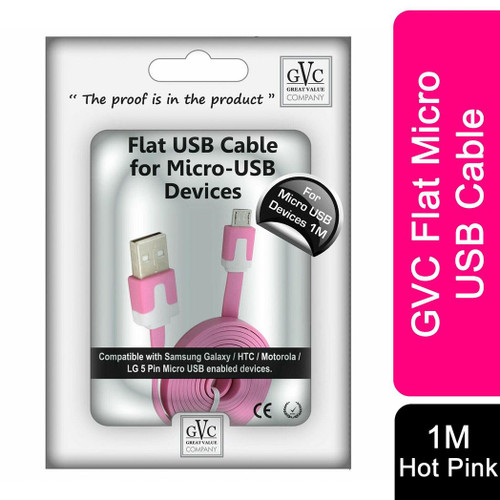GVC 1 Metre Strong Tangle Free Flat Micro USB Cable for Sync & Charge, Hot Pink