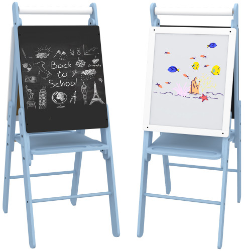 Art Easel for Kids, Double-Sided Whiteboard Chalkboard w/ Paper Roll - Blue