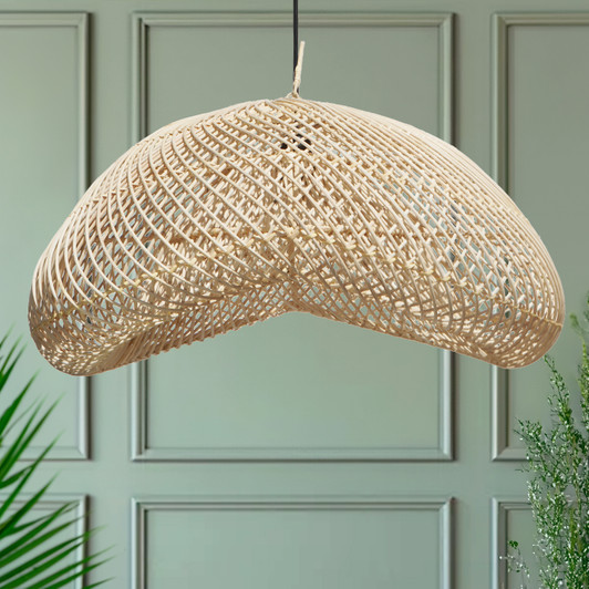 Bean Shape Indonesian Hand-Woven Natural Rattan Pendant Light Fixture, 12in H x 24in W Bean Shape Indonesian Hand-Woven Natural Rattan Pendant Light Fixture, 12in H x 24in W