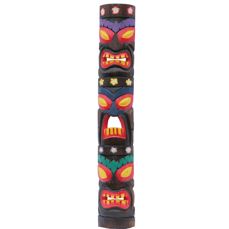 40 in. Three Face Totem, Tropical Hand-Carved Wood Art Tiki Mask Flower Decoration