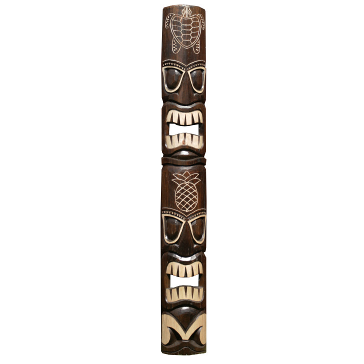 60 in. 2 Face Totem Hawaiian Pineapple and Turtle Hand-Carved Tiki Mask Outdoor Wood Art