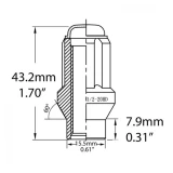 Specifications diagram of a Black 14x1.5 E/T Bulge Acorn Spline Lug nut, technical drawing on white background