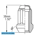 Specifications diagram of a Black 14x1.5 Car Spline Lug nut, technical drawing on white background