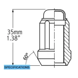 Specifications diagram of a Black 12x1.5 Spline Lug nut, technical drawing on white background