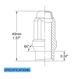 Specifications diagram of a Chrome 12x1.5 Extended Thread Spline Lug nut, technical drawing on white background