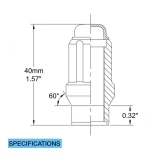Specifications diagram of a Black 12x1.5 Extended Thread Spline Lug nut, technical drawing on white background