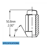 Specifications diagram of a Chrome 14x1.5 Bulge Acorn Lug nut, technical drawing on white background