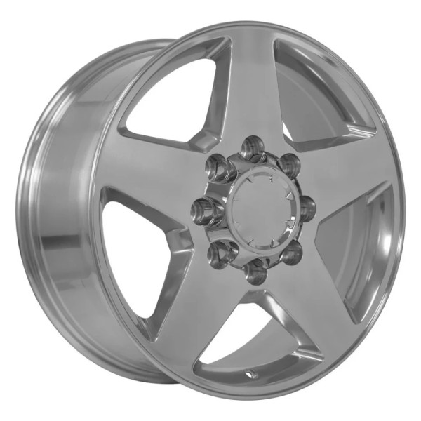 Angle view of a polished 20" chevy silverado 2500 3500 replica wheel replacement rim 5503 replaces 09598089