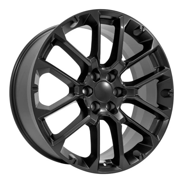 Angle view of a 24x10 satin black replica wheel replacement CV67 for Chevy Truck rims 9510993