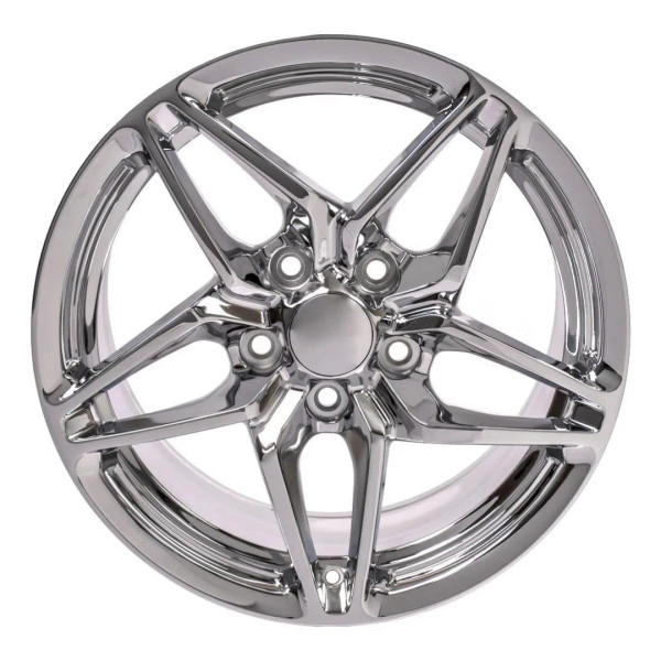 Front view of a 17x9.5 Chrome replica wheel replacement CV31 for Chevy Corvette rims 9508976