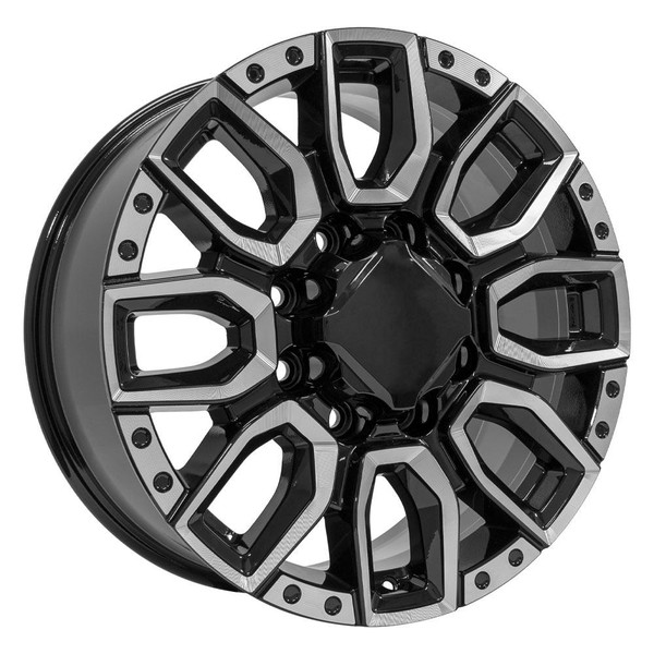 Angle view of a 20x8.5 replica wheel replacement CV97 for Chevy Silverado 2500 3500 rims 9511059