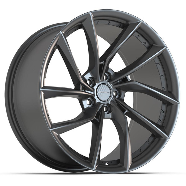 Angle view of a 20x10 replica wheel replacement DF06 for Tesla Model X rims 9511591