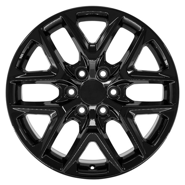 Front view of a 20x9 gloss black Snowflake replica wheel replacement CV62 for GMC Sierra 1500 rims 9511614
