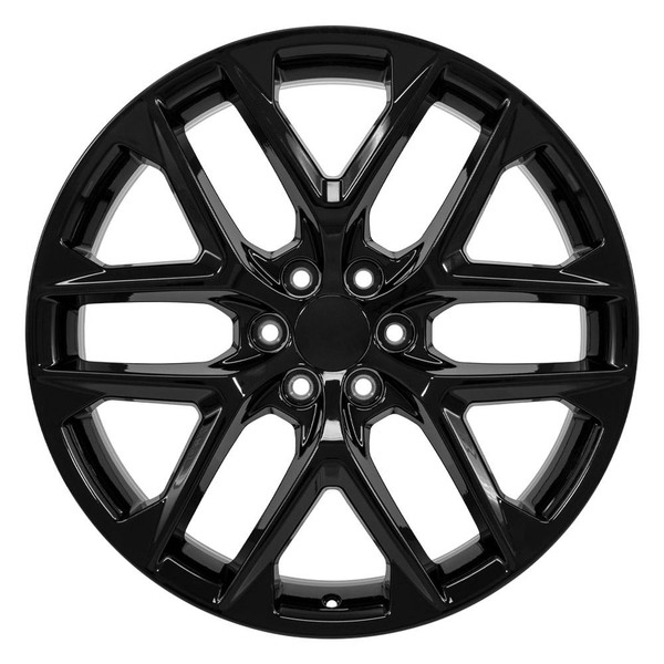 Front view of a 24x10 gloss black Snowflake replica wheel replacement CV62 for GMC Sierra 1500 rims 9511620
