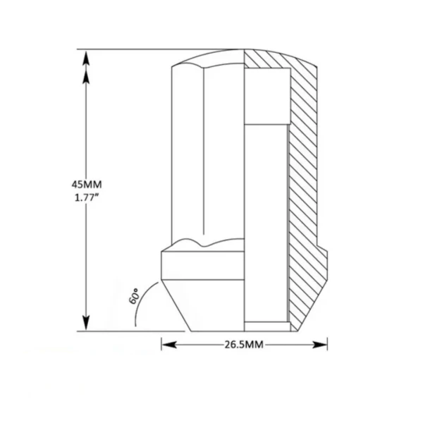 technical diagram of a Chrome Factory Style Lug Nuts 14x1.5mm 7/8" Hex for GMC/Chevy/Cadillac/Ram/Dodge trucks, on white background