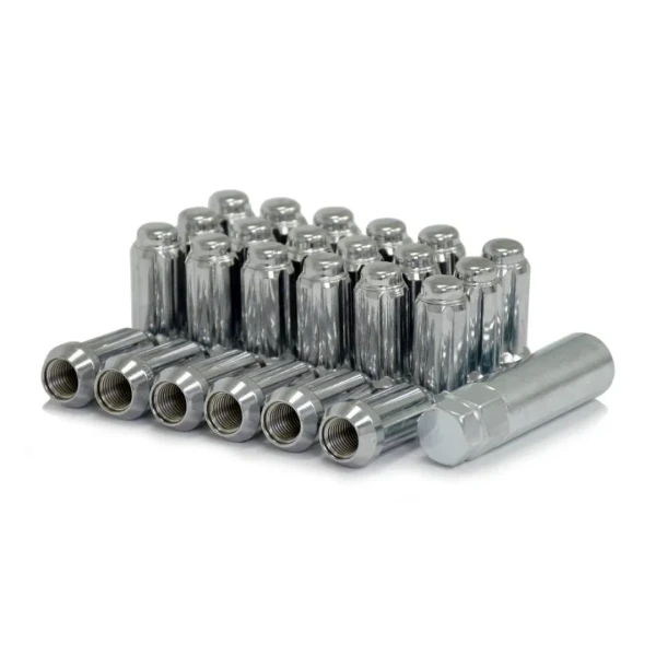 Set of 24 new Chrome Spline Lug Nuts 14x1.5mm for GMC/Chevy/Cadillac/Ram/Dodge trucks, on white background