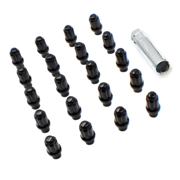 Set of 20 14x1.5 Black E/T Bulge Acorn Spline kit Hex for Tundra, Sequoia & LX570, on white background