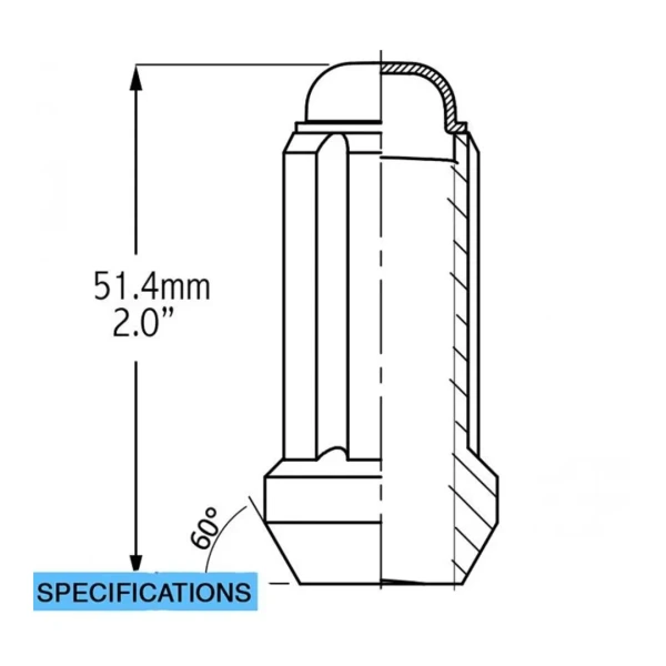 Specifications diagram of a Black 14x1.5 Truck Spline Lug nut, technical drawing on white background