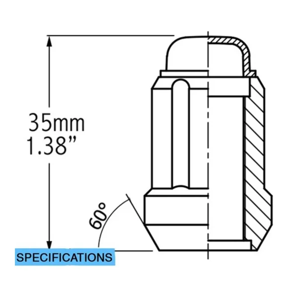 Specifications diagram of a Black 1/2x20 Spline Lug nut, technical drawing on white background