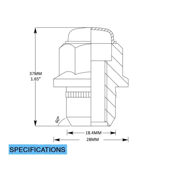 Specifications diagram of a Chrome 14x1.5 OEM-Style Lug Nuts Lug nut, technical drawing on white background