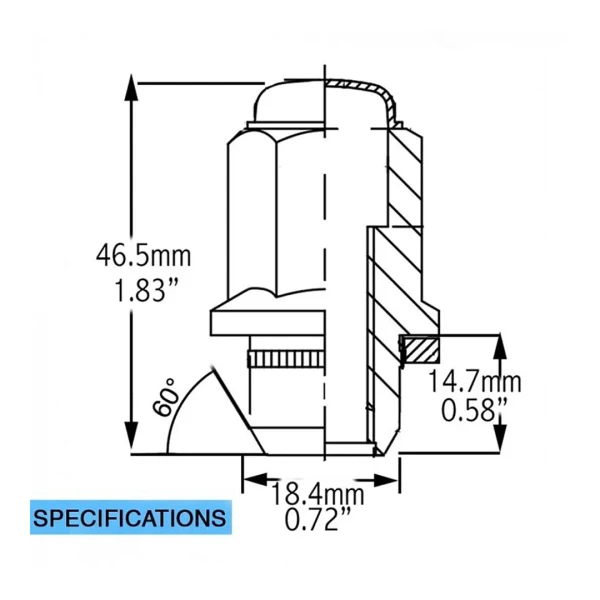 Specifications diagram of a Chrome 12x1.5 OEM-Style Lug Nuts Lug nut, technical drawing on white background