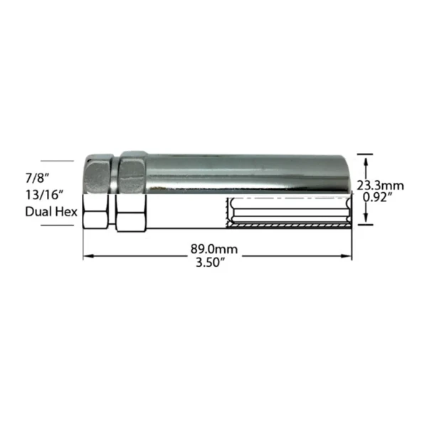 Specifications diagram of a  x 6-Spline Lug Nut Key Lug nut, technical drawing on white background