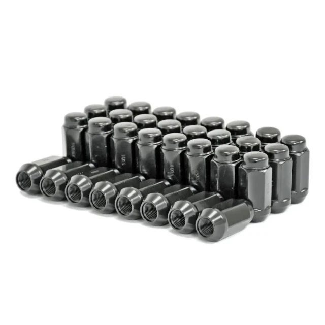 Set of 32 14x1.5 Black Bulge Acorn 7/8 22mmkit Hex for Chevy, GMC, Ram & Dodge Trucks, on white background