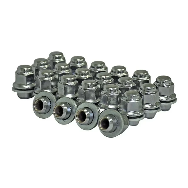 Set of 20 12x1.5 Chrome OEM-Style Lug Nuts 13/16kit Hex for Toyota & Lexus, on white background