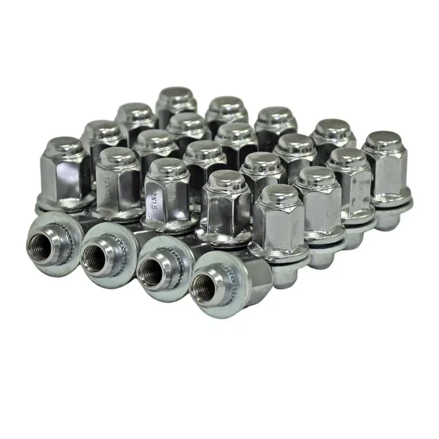 Set of 20 12x1.5 Chrome OEM-Style Lug Nuts 13/16kit Hex for Toyota Tacoma, 4Runner & GX460, on white background