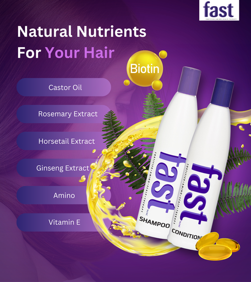 FAST HAIR GROWTH SHAMPOO AND CONDITIONER + OILY SCALP TONIC + BRUSH + DOUBLE SHOWER CAP