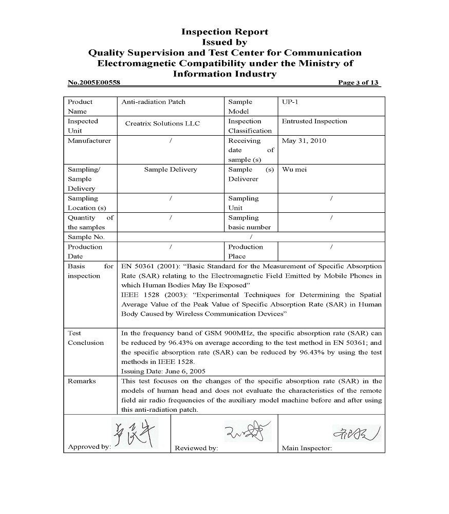 EMF Anti-Radiation Sticker Inspection Report Page 3