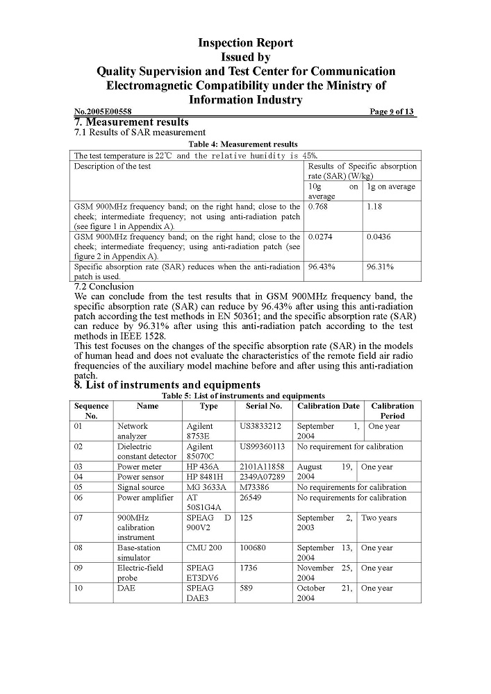 EMF Anti-Radiation Sticker Inspection Report Page 9