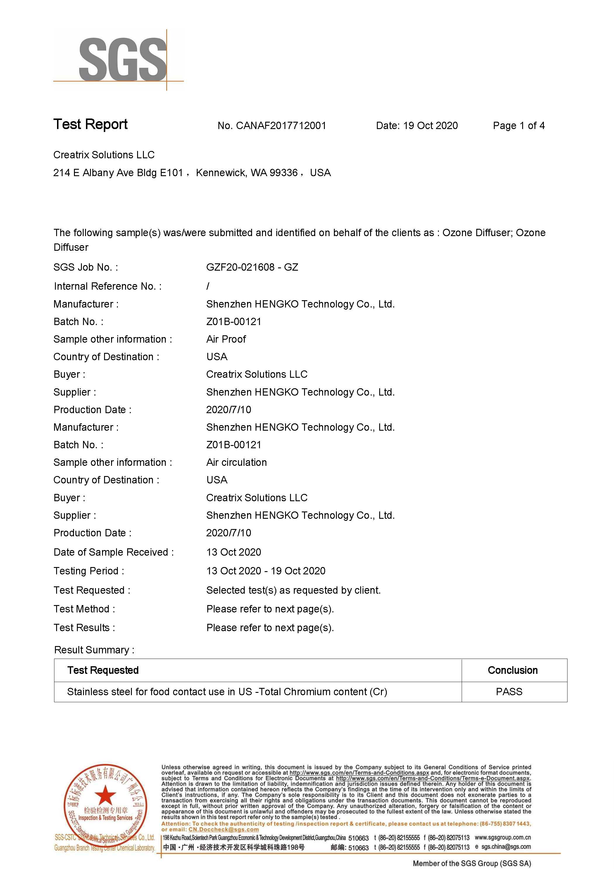 Ozone Diffuser Stone Test Report Page 1