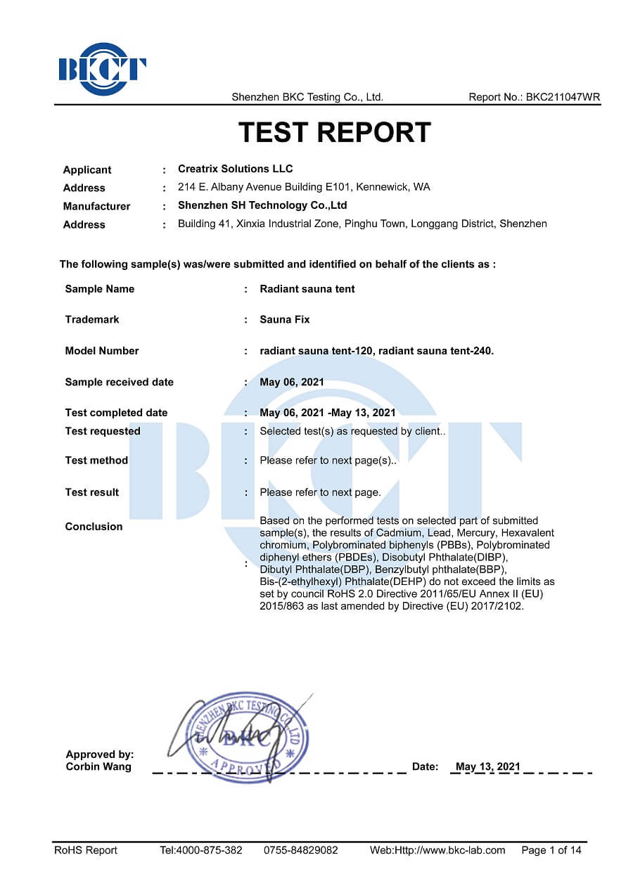 Sauna Fix Tent ROHS Report Page 1