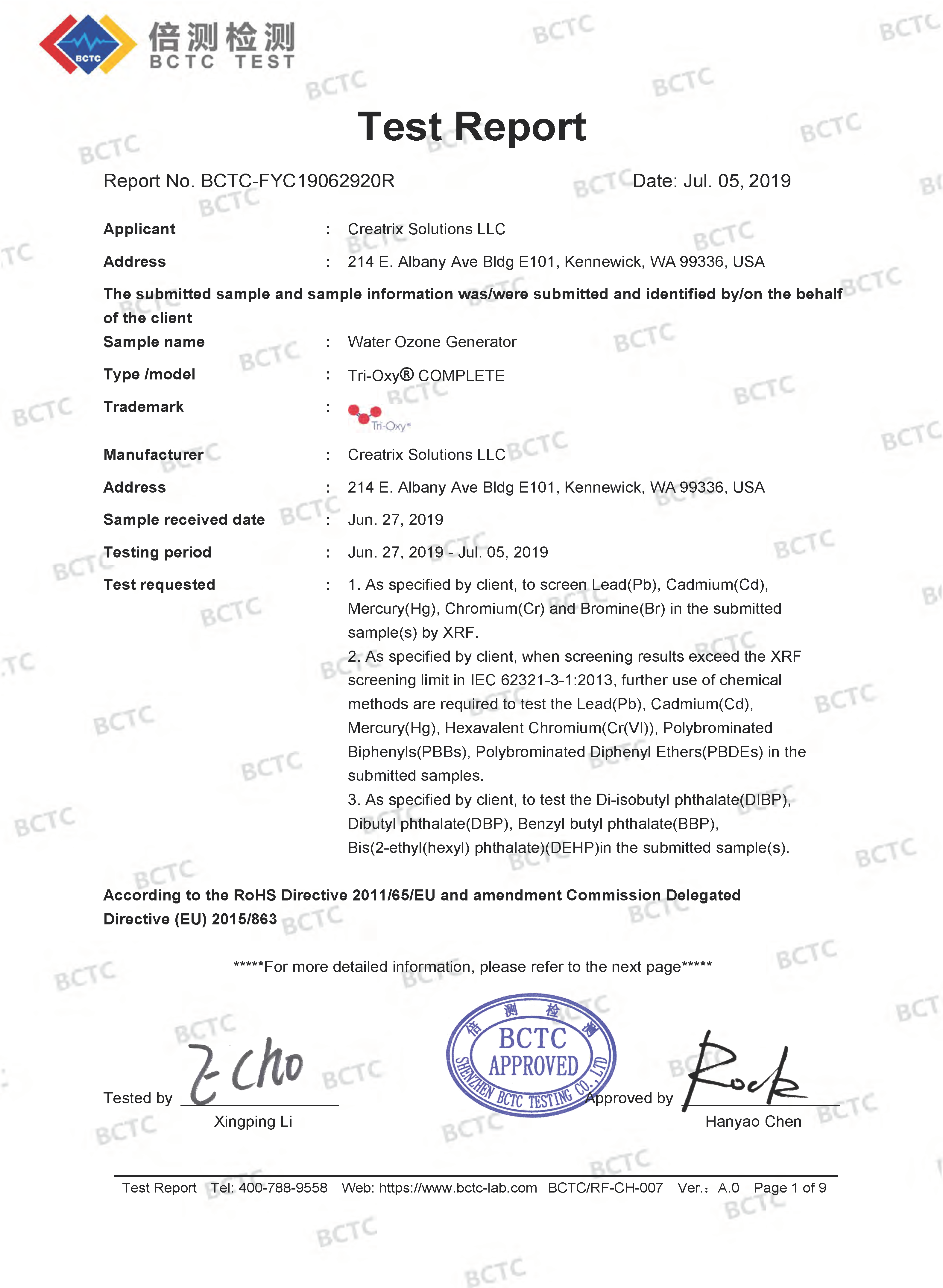 Tri-Oxy COMPLETE ROHS Test Report Page 1