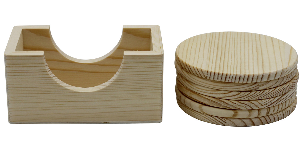 6 Pack of Unfinished Wood Coasters with Holder 4 Inch Round Wooden Coaster DIY Craft, Sanded