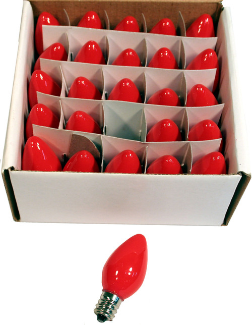 Ceramic Opaque Red, Box of 25 Light Bulbs, Steady Burning, 7 Watt, C7 Candelabra Base -Great for Night Lights, Decorative Lights and Christmas Strings  Ceramic Opaque Red, Box of 25 Light Bulbs, Steady Burning, 7 Watt, C7 Candelabra Base -Great for Night Lights, Decorative Lights and Christmas Strings