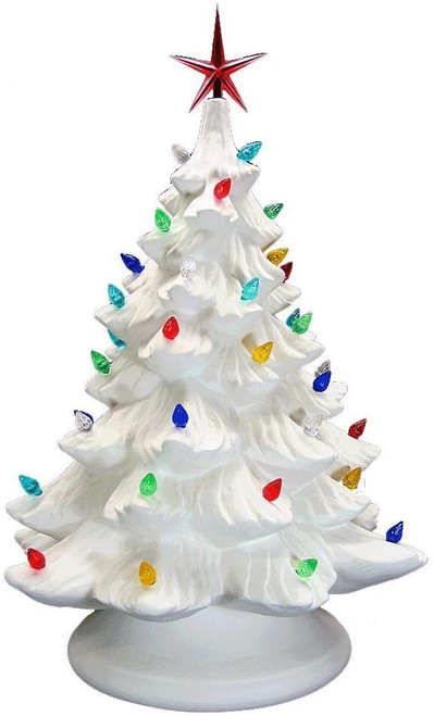 Classic Ceramic Christmas Tree – 15.5” Vintage Green Tree with Separate  Base, Multi-Color Lights, Power Cord, Bulb and Star - Wholesale Craft Outlet