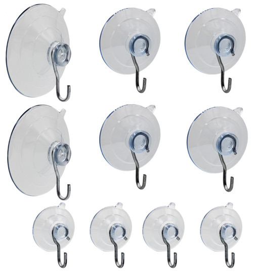 Suction Cup Hooks Combo Pack, 10 Pack, Powerful Window Hanging Suction Cups for Glass, Mirrors, Stained Glass, Doors. 2 Large, 2 Medium, 2 Small, in Hangable, Re-Usable Storage Case.
