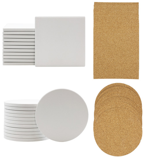 Ceramic Tiles for Crafts and Coasters - 4 Round Tiles with Cork