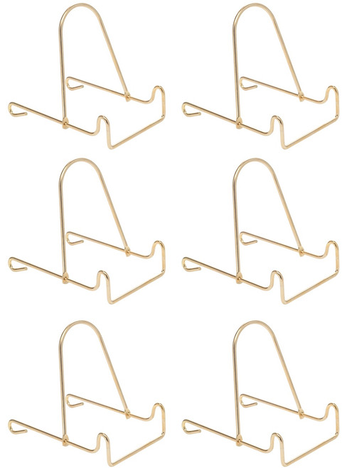 4 Inch Adjustable Wire Stands - Brass Finish Display Holder for Picture Frames, Decorative Plates, and Small Collectibles | 6 Pack