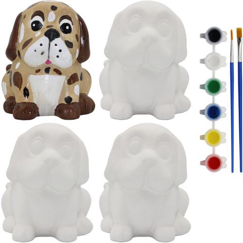 4 Pack of Ready to Paint Ceramic Bisque Dog Piggy Banks for All Ages – Complete DIY Kit with Paint, Brushes & How to Guide