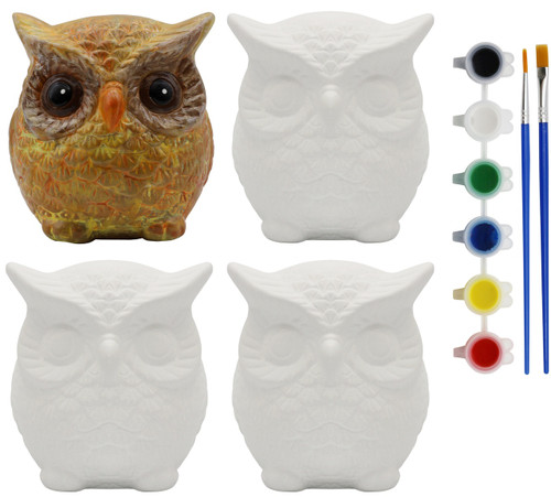 4 Pack of Ready to Paint Ceramic Bisque Owl Shape Figurines - Includes Paint, Brushes and How to Guide | Owl