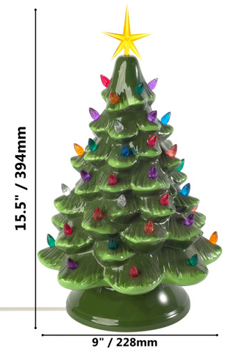 Classic Ceramic Christmas Tree – 15.5” Vintage Green Tree with Separate  Base, Multi-Color Lights, Power Cord, Bulb and Star - Wholesale Craft Outlet