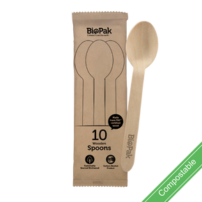 10 Pack - 16cm Wooden Spoon In Paper Sleeves 200/Carton