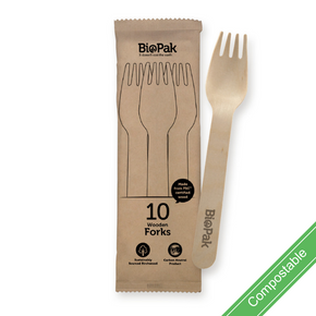 10 Pack - 16cm Wooden Fork In Paper Sleeves 200/Carton