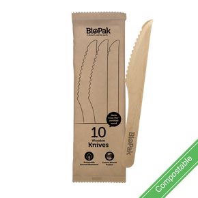 10 Pack - 16cm Wooden Knife In Paper Sleeves 320/Carton