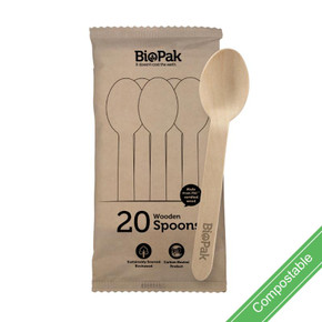 20 Pack - 16cm Wooden Spoon In Paper Sleeves 400/Carton RT-HY-16S-20X20P-P BioPak